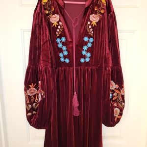 Burgundy velvet embroidered boho dress size m